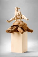 "the rabbit and the turtle", limewood, acrilic colors, 64cm, 2011